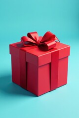 Obraz premium Red gift box with vibrant bow, on light blue background Perfect for festive designs , elegant, bright, packaging
