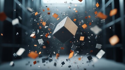 Floating Cube Surrounded by Colorful Particles in Abstract Space