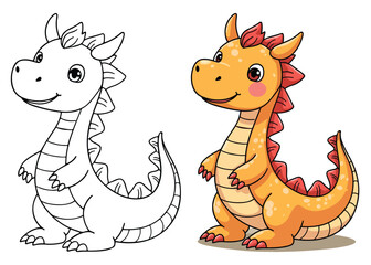 Dragon Isolated Line Art Vector Outline Illustration Black and White with Coloring Sample