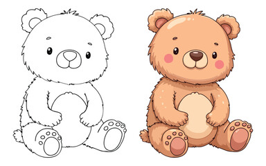 Cute Bear Isolated Line Art Vector Outline Illustration Black and White with Coloring Sample