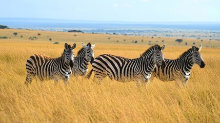 Herd of Zebras in African Savanna Grassland
