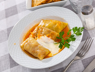 Cabbage leaves rolls stuffed with minced meat and rice garnished with yogurt sauce