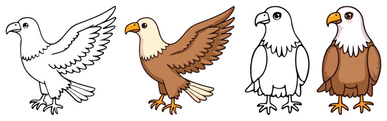 Eagles Isolated Line Art Vector Outline Illustration Black and White with Coloring Sample