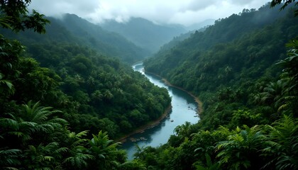 Lush tropical rainforest, misty mountains, winding river, dense jungle canopy, palm trees, landscape