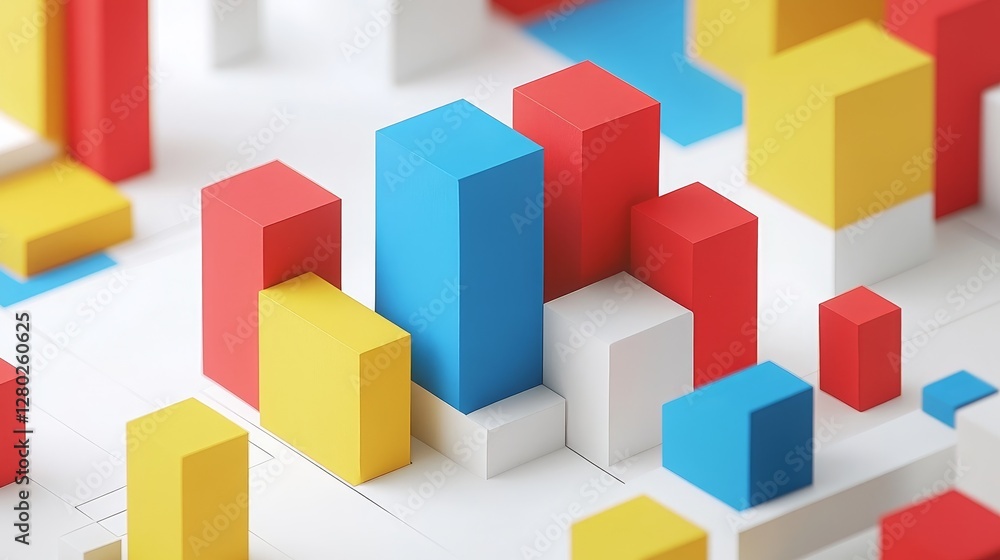 Poster colorful geometric abstraction with 3d cubes and rectangles simple minimalist design for backgrounds