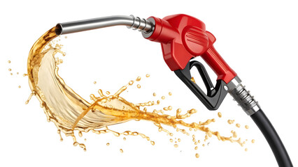 A red fuel pump nozzle with a black hose releases a dynamic arc of golden liquid