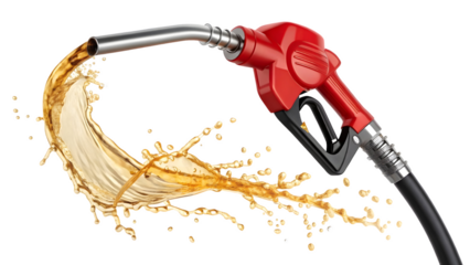 A red fuel pump nozzle with a black hose releases a dynamic arc of golden liquid
