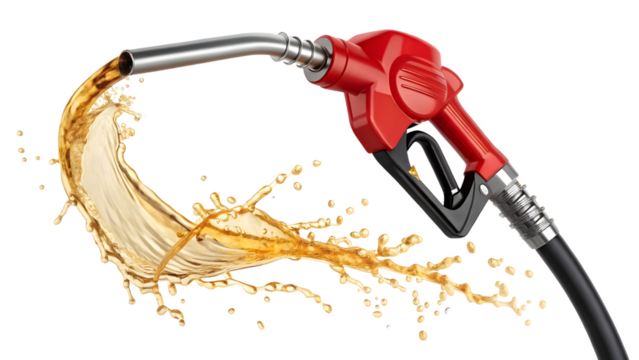 A red fuel pump nozzle with a black hose releases a dynamic arc of golden liquid