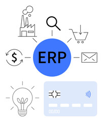 ERP in blue circle linking icons for factory, magnifier, cart, dollar cycle, email, bulb, card. Ideal for business management, planning operations automation finance logistics abstract line flat
