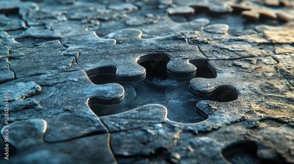 Poster close-up of a partially completed jigsaw puzzle with missing pieces and textured surface