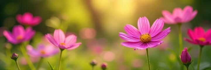 Cosmos flowers swaying gently in a sunny garden , bloom, sunny, rural
