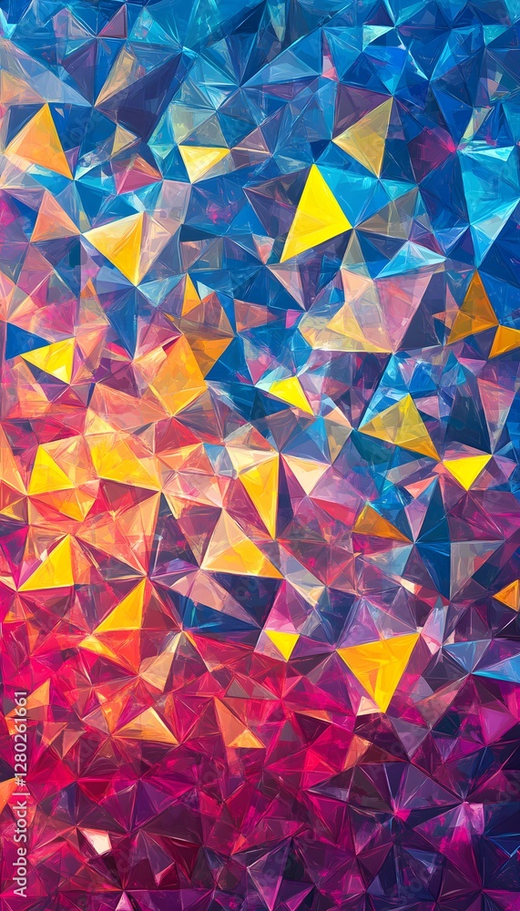 Poster abstract artwork showcases vibrant geometric patterns and colorful triangles