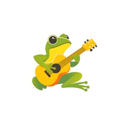 Obraz premium a cartoon green frog is playing acoustic guitar with cute smiling face