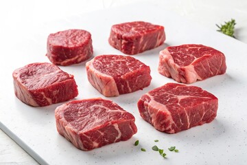 High-Quality Raw Beef Steaks with Garnish on White Surface