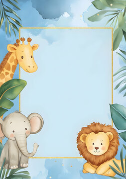 A colorful animal-themed border featuring a giraffe, elephant, and lion.