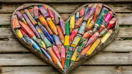 Colorful pencil heart art, outdoor wood, summer, background blurred