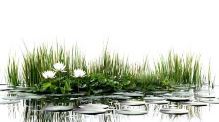 Water lilies and grasses on a calm pond isolated on a white background