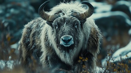 Fototapeta premium Snow Covered Yak in Mountainous Winter Landscape