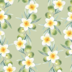 Olive branches with leaves, fruits and plumeria flowers seamless pattern on light olive color. Hand drawn botanical watercolor illustration with green olives and frangipani for packaging, fabrics.