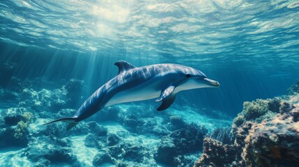 Obraz premium Dolphin Swimming in a Sunlit Coral Reef