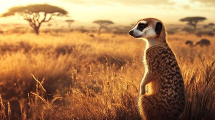 Fototapeta premium Meerkat in Golden Hour African Savanna Sunrise