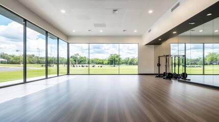 Fototapeta premium Modern Gym Interior with Large Windows and Green Outdoor View