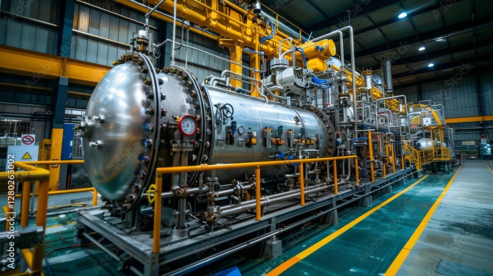 Fototapete large metallic machinery inside a factory equipped with pipes and control panels operating in a well