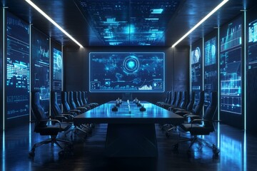 Fototapeta premium A high-tech conference room where AI-powered assistants are advising business leaders, glowing data charts on the walls.
