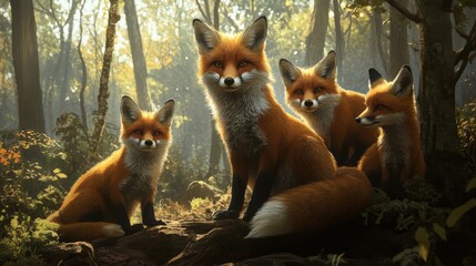 Obraz premium Red Fox Family in Autumn Forest Sunlight