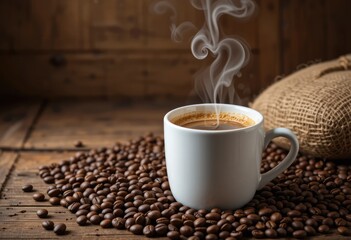 Steaming Cup of Coffee with Heart Latte Art and Roasted Beans &ndash; Cozy Caf&eacute; Atmosphere