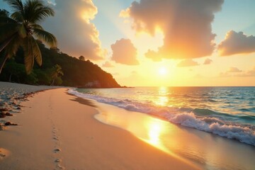 Golden hour light on pristine beach, sparkling sea , golden hour, day, sunset