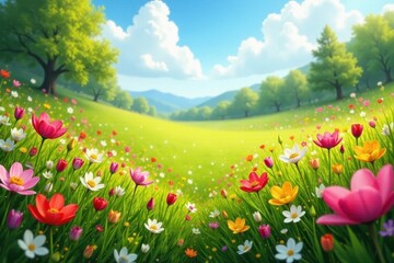 Lush meadow, explosion of colorful spring blooms, poppy, green
