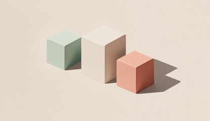 Fototapeta premium Three pastel cubes on beige background, isometric view.