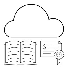 Cloud icon hovering above an open book and certificate. Ideal for online learning, digital education, e-books, certifications, knowledge sharing, cloud storage solutions, abstract line flat metaphor