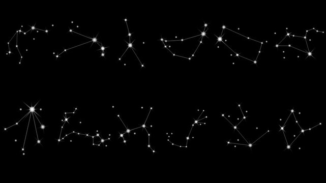 Illustration of the twelve constellations of the stars that flicker with a dark background