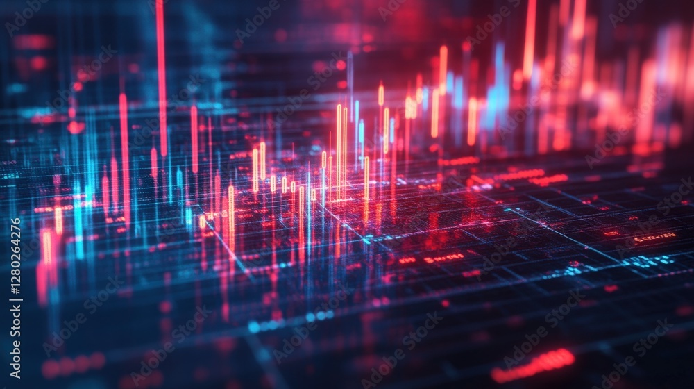 Poster abstract visualization of digital data trends with vibrant colors and glowing lines in a tech settin