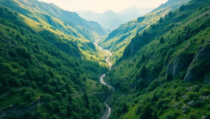 Naklejka premium High-Definition Aerial View of a Mountain Valley in Spring