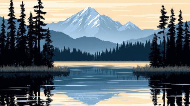 Pixelated Mountain Lake Scene Serene Reflection Nature Landscape Digital Artwork Tranquil Waters Peaceful Vista Minimalist Aesthetic