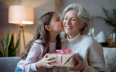 A photo of a daughter kissing her mother on the cheek while presenting a wrapped gift generated by AI