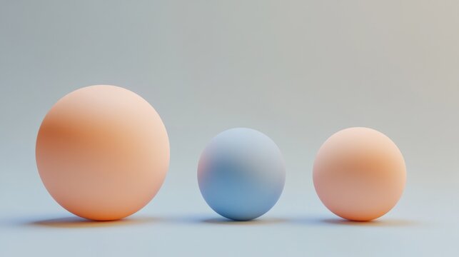 Three pastel spheres; peach, blue, peach, size comparison on light blue background.