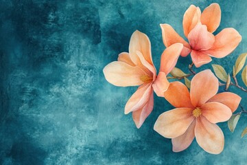 Beautiful magnolia flowers with soft peach petals on a teal background, symbolizing spring and freshness in nature s elegance