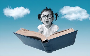 A whimsical and playful image of an Asian little girl wearing eyeglasses. She is sitting on a flying book against a clear blue sky ,generated by AI