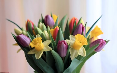 A photo of a vibrant spring scene featuring a bouquet of colorful tulips and daffodils arranged elegantly generated by AI
