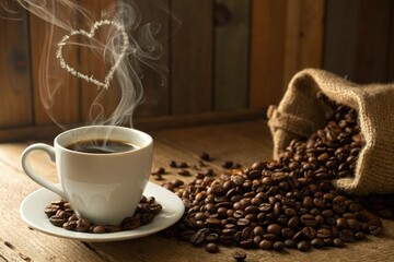 Steaming Cup of Coffee with Heart-Shaped Steam and Roasted Coffee Beans