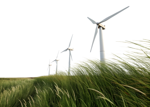 Wind turbines spin gently over tall grass fields in an open landscape on a clear day with bright skies
