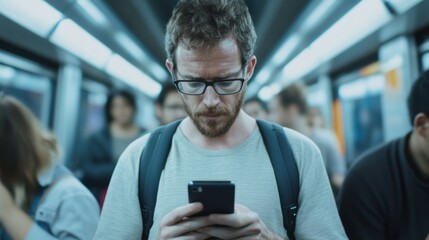 Worried user looking at their phone while commuting. Featuring stress and rush