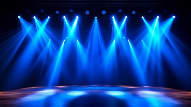 Blue stage lights background loop. Empty illuminated stage for presentations, awards ceremonies, and video intros. 