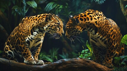 Fototapeta premium Two Jaguars Encounter in a Dark Rainforest