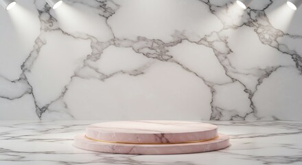 Shiny pink round marble pedestal podium. Abstract high quality 3d concept illuminated pedestal by spotlights on white background. Futuristic marble background. 3d render.