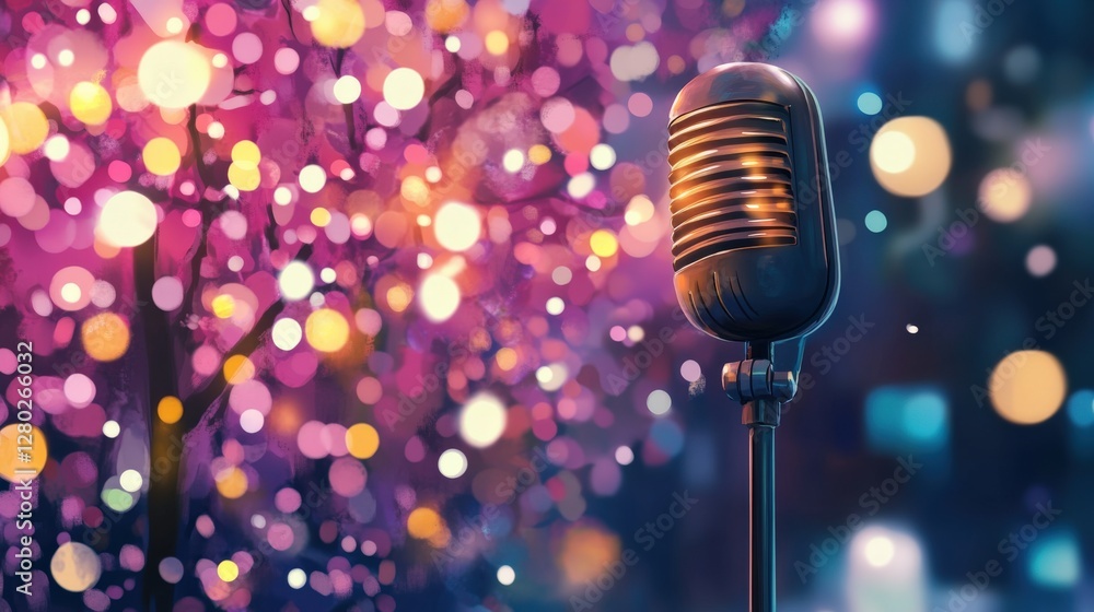 Poster vintage microphone in a vibrant setting with colorful bokeh lights and blurred background